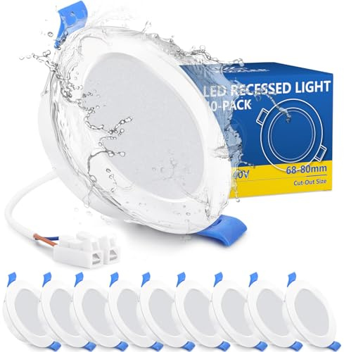 ZIZZLER Spots LED Encastrable Salle de Bain Plafond, Lot de 10, Extra Plat, Trou 68mm, Blanc Neutre 4000K, Etanche IP44, 5W, 220V, Diametre 90mm, Interieur Cuisine Bathroom