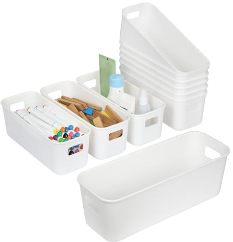 Otcboimo 10 pack Narrow Bathroom Storage Baskets, Rectangle Plastic Storage Box for Shelves Kitchen Cupboard Organiser Storage Boxes for Bathroom Cabinet, White Desktop Drawers Organisation (10 pack)