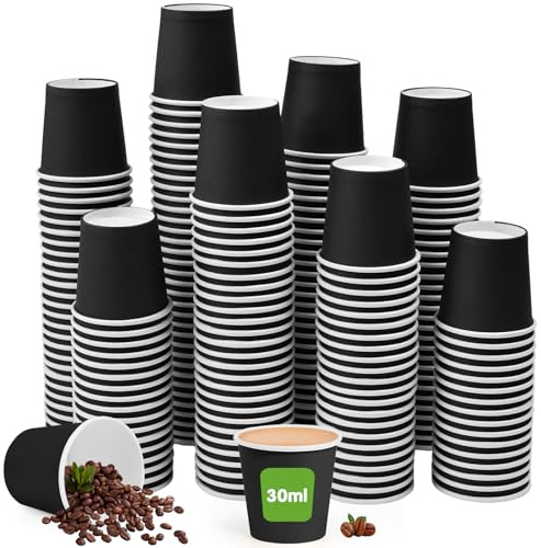 Kleemeiero 200 Uds Vasos Desechables para Café 30ml, Vasos de Cartón para Cafe, Vaso para Cafe Espresso Pequeño, Vaso de Papel Desechable para Servir Bebidas Frías o Calientes, Agua y Té - Negro