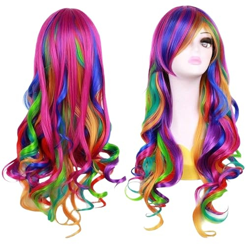 Perücke Bunt Lang Locken, Regenbogen Perücke Damen Locken, Fasching Bunte Perückes Damen mit Perückenhaube, 28 Zoll/70CM Geeignet für Alltag Cosplay Halloween Karneval