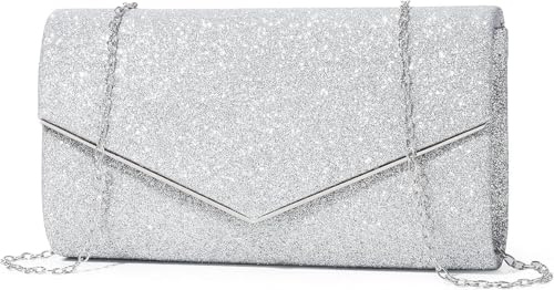 Mooedcoe Glitzer Clutch Silber Damen – Elegante Abendtasche mit Abnehmbarer Kette, Kleine Handtasche für Hochzeit, Party & Ball