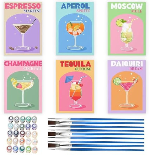 KMFASVX 6PCS Cocktail Paint by Numbers Kit for Adults Home Wall Decoration Acrylic DIY Painting on Canvas Numbered Art Set Beginner Relaxing Creative Gift Bar Drinks Artwork - Multicolor 20x30cm
