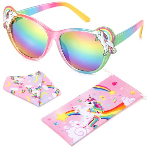 Hifot Licorne Lunettes de Soleil Fille, Protection UV Lunette de Soleil Enfant 3 Ans à 10 Ans, avec Pochette et Chiffon Souple, pour Plage Extérieur Anniversaires Voyages Fêtes Déguisements Cadeaux