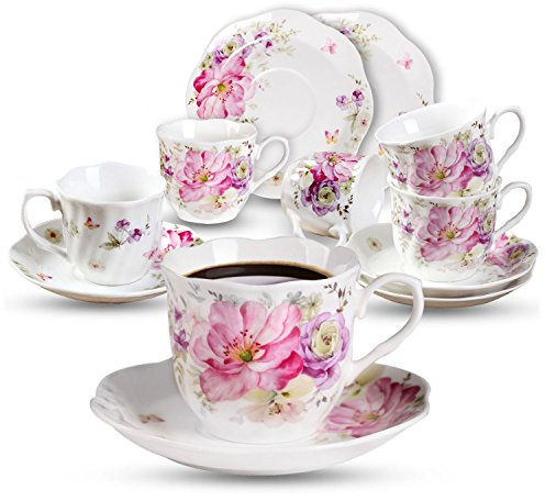GuangYang 12 Pieces (Tiny Style) Espresso Cups and Saucers，2.5 ounce/80ml，Set of 6,Mini Premium Porcelain Coffee Cup Set, Fancy Flower Pattern Design