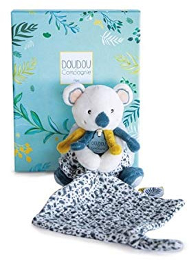 DOUDOU ET COMPAGNIE - Peluche Koala avec Doudou Mouchoir Imprimé - Collection Yoca le Koala - Bleu - 15 cm - Boite Cadeau - Idée Cadeau Naissance Fille ou Garçon - Garantie Doudou Perdu - DC3667