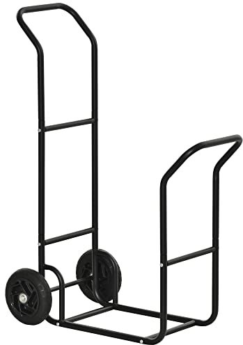 Outsunny Carro para leña de acero con 2 ruedas, leñera de interior y exterior multifunción, capacidad 100 kg, 77 x 42 x 105 cm, negro
