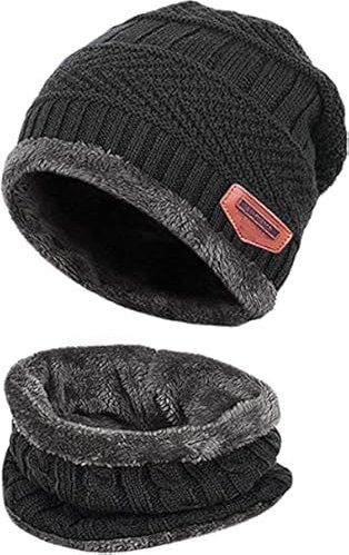Berretto Invernale Uomo Cappello in Maglia Con Sciarpe Da Sci Da Esterno in 2 Pezzi Regalo di Natale Unisex Scaldacollo Morbido Lavorate a Maglia-Nero