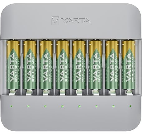 VARTA Akku Ladegerät, inkl. 8x AA 2100mAh, Batterieladegerät für wiederaufladbare AA/AAA Batterien, bis zu 8 Akku, Eco Charger Pro Multi, Einzelschachtladung, Gehäuse aus 75% recyceltem Material