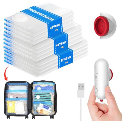 Vacbird Bolsas Vacio Ropa con Bomba USB, 12 Bolsas de Vacio Para Ropa (4 * 40 x 40 cm, 4 * 40 x 50 cm, 4 * 40 x 60 cm), Ahorra Espacio Para Ropa, Maletas y Adecuado Para Mudanzas o Viajes