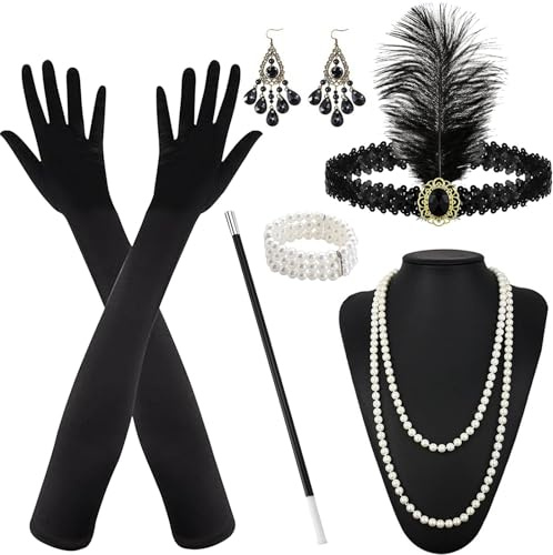 20-årstillbehör för kvinnor, 6 delar Gatsby-kostymset, halloween dam, tillbehör Charleston 20-tal med pannband, handskar, halsband, örhängen, för halloween jul maskerad