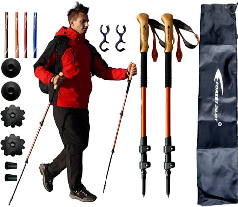 FOREST PILOT Vandringsstavar – lätt 7075 aluminium med flip-lås och alla terrängtillbehör – ett par 2 promenadkäppar för vandring med EVA eller bokträgrepp (bokträgrepp – orange)