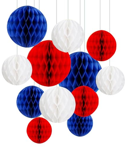 ZYOOO 12pcs Paper Honeycomb Balls, 15/25cm Tissue Paper Hanging Balls for National Day, Graduation, Birthday, Coronation Decorations (Red, Blue, White)