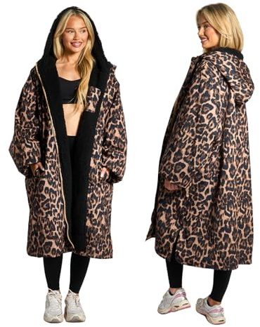 OHS Waterproof Changing Robe for Adults, Oversized Change Robe Coat with Hood & Pockets Fleece Lining Long Sleeve Jacket for Beach Surfing Lounging - Leopard Print, L/XL