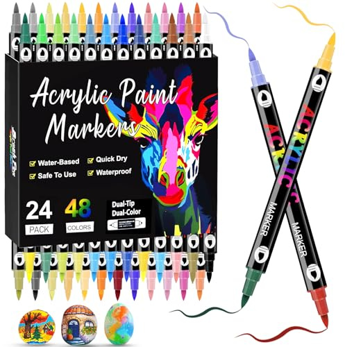 48 Colori 24 Pezzi Pennarelli Acrilici Punta Fine, 1-5MM Brush Pen , Atossici e Inodori ,pennarelli acrilici doppia punta per Pittura su Pietra, Legno, Vetro, Stoffa | Ideale per Artisti e Fai da Te