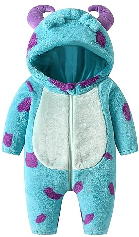 ESSECMBS Combinaison Monstre Bébé en Peluche Costume Animal Mignon avec Capuche Déguisement d'Halloween Grenouillère à Manches Longues Fermeture Éclair 6 Mois à 5 Ans (Bleu, 6-12 Mois)