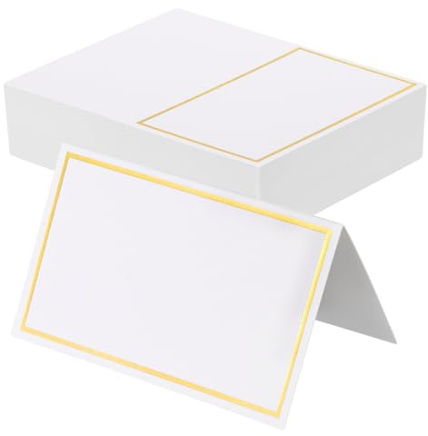 sourcing map 100 tarjetas de lugar de tienda de campaña con nombre de asiento de mesa con 4.1 x 3.35 pulgadas en blanco para bodas, mesas, cenas, festivales, marco de línea dorada blanca