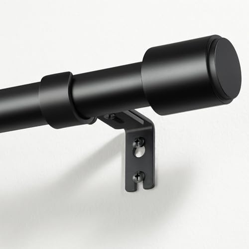 DEFYNEE Extendable Curtain Pole for Eyelet, Black, 25mm, 81-218cm | Modern cylinder finials, holds up to 15kg, curtain rail indoor/outdoor, wall mount, brackets and wall plugs included