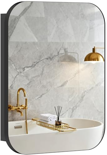 HOMCOM Specchio Bagno Contenitore con 2 Ante Soft Close, Mobile Bagno con Specchio, Ripiani Regolabili, Mobilettto Bagno da Parete Salvaspazio in Vetro, Nero