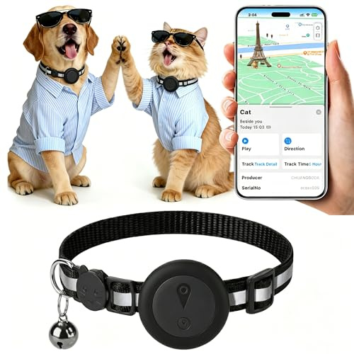 Collar GPS Gatos 2 en 1,Localizador GPS Perros con Seguimiento en Tiempo Real y Funciones Antipérdida,Sin Suscripción,iOS/Android,Collar Ajustable con Cascabel,Apto para Perros Pequeños y Gatos-Negro