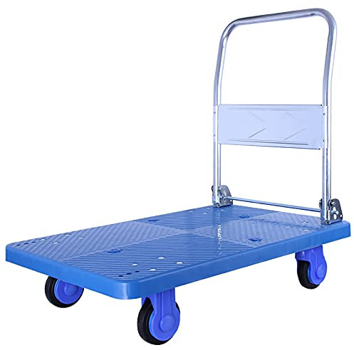 Chariot Plate-forme Chariot de plate-forme Poussette avec poignée pliable en métal et panneau en plastique portable 4 roues Chariot de roues pour l'entrepôt Transport d'usine Pliable