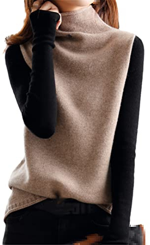 Alloaone Maglione a collo alto in lana da donna Gilet lavorato a maglia Primavera e autunno Gilet senza maniche allentato lavorato a maglia, Come mostrato, S
