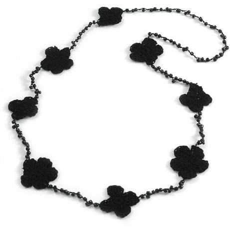 Avalaya Collana lunga fatta a mano con perline di vetro all'uncinetto, motivo floreale, leggera, 100 cm di lunghezza, Misura unica, Cordoncini, Nero