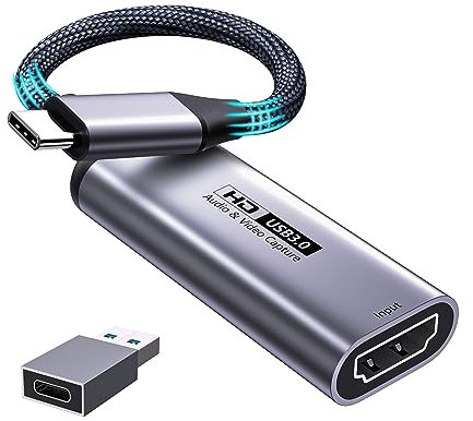 Fulfalic Tarjeta de captura de video, tarjeta de captura HDMI 4K a USB C 3.0, 1080P HD 60 fps, grabador de audio y video en vivo para juegos, transmisión, enseñanza, videoconferencia