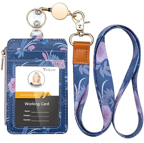 Teskyer Ausweishülle mit Band, Ausweishalter Ausziehbar, Kartenhülle mit Schlüsselband Ausziehbar, Hält 4 Karten, mit Transparentem Fenster, PU Leder, Kirschblüte