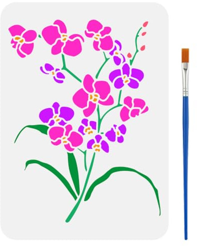 FINGERINSPIRE Orchid Stencil with a Paint Brush 21x29.7cm Orchid Leaf Large Stencil Blooming Orchids Painting Stencil Plant Theme Floral Drawing Stencil for Wall Tiles Floor Paper Furniture