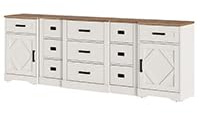 WAMPAT 91.8-inch Wide Farmhouse Dresser for Bedroom with 11 Drawers & Barn Doors,3-in-1 Large Rustic Wood Entertainment Center for 100 TV, Smooth Glide Drawers & Adjustable Shelves, Antique White