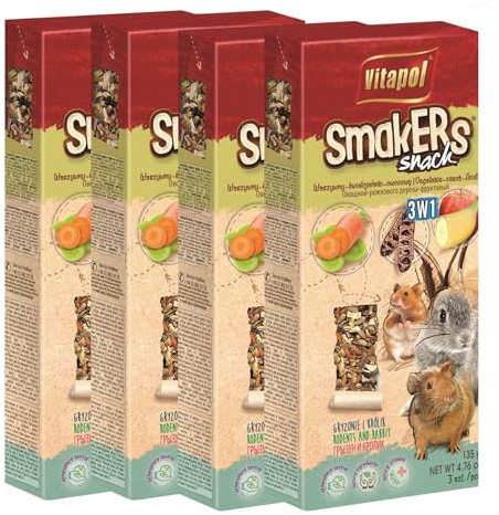 Vitapol Smakers® Natural Treat Sticks for Rodents & Rabbits – Enriched with Fruits, Vegetables, Herbs, Nuts & Probiotic Yoghurt – Healthy Complementary Snacks (3pcs, 135g, Vegetable-Carob-Fruit)