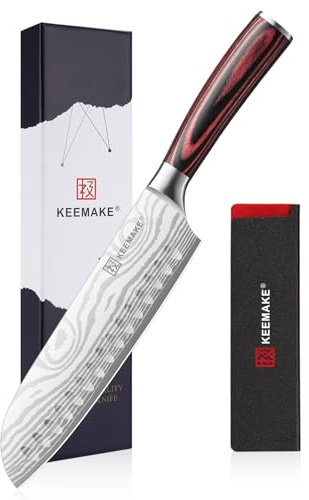 KEEMAKE 7 Inch Japanese Santoku Knife Professional Chef Knife | Ultra-Sharp 1.4116 High Carbon Steel Blade with Pakkawood Handle Chefs Knife for Kitchen w/Sheath and Gift Box