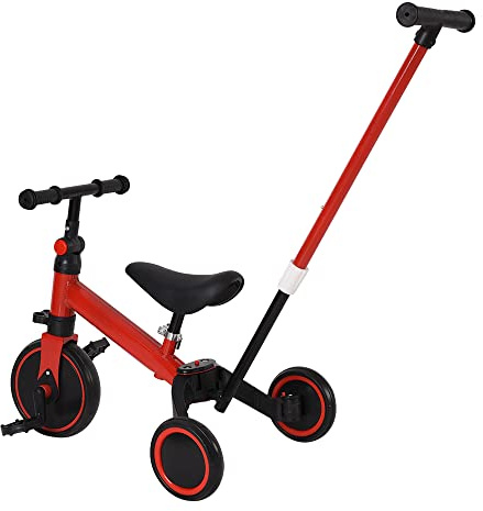 Homewell 3 en 1 Tricycle Enfant, Vélo Enfant Convertible en Draisienne avec Siège, Guidon Réglables et Barre de Poussée, 12 Mois à 4 Ans (Rouge)