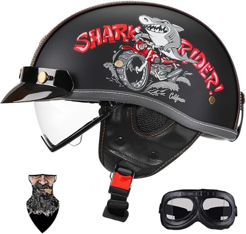 Caimcie Casco da Moto retrò a Mezza Calotta con omologazione ECE/DOT, Casco Leggero da 750 g per ciclomotore/Scooter per Uomo e Donna, Doppie Prese d'Aria, Visiera Rimovibile. G,XXL=63-64cm