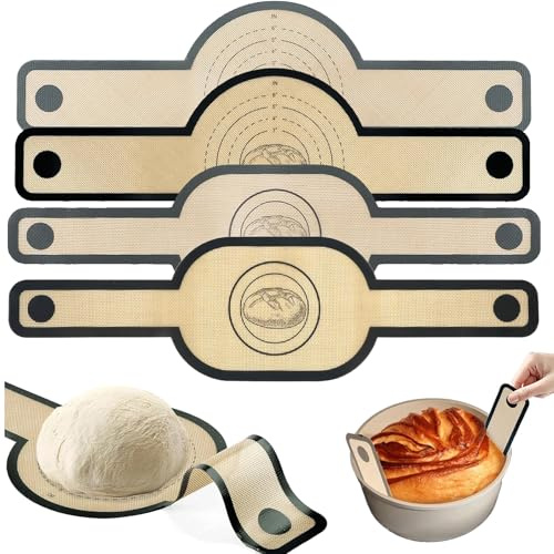 Juego de 4 alfombrillas de silicona para hornear, color negro y gris/redondo y ovalado, resistente al calor, reutilizables, con asas largas, accesorios para hornear pan para horno holandés, pan de