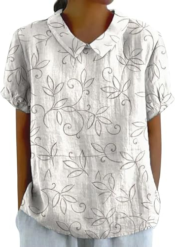 Blusa de Algodón y Lino para Mujer, Cuello Solapa Manga Corta, Estampado Floral y Textura Artística, Camisa Casual Elegante, Holgada y Cómoda, para Oficina, Salidas y Uso Diario, Tops Básicos