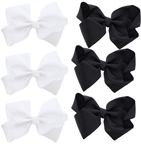 3 Inch Grosgrain Bow for Little Girls- Set of 6 (White and Black)