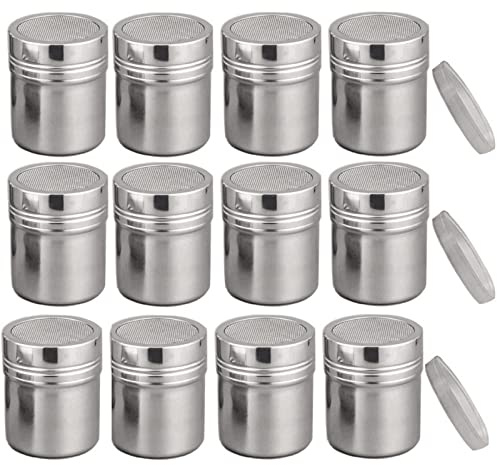 Powder Shaker with Lid,Stainless Steel Fine Mesh Shaker, for Sifter Cocoa,Cinnamon Powder,Icing Sugar,Chocolate Coffee (Small-12Pcs)