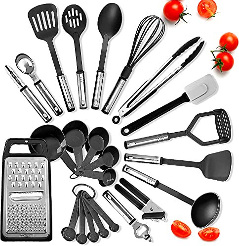 EATEX Kitchen Utensil Set – 24 Piece Nylon & Stainless-Steel Black Cooking Utensils Set, Non-Stick & Heat Resistant Black Utensil Set – Useful Kitchen Gadgets and Tools