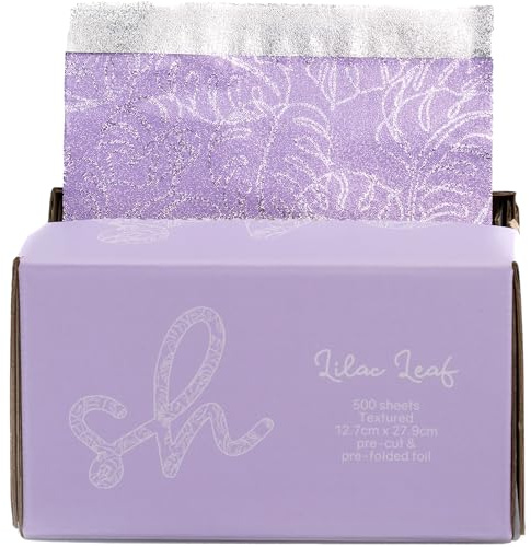 Simply Hair Pop-Up Hair Foil - 500 Pre-Cut & Folded Sheets for Hair Dye, Highlights & Balayage - Embossed, No-Slip Grip - Pop-Up Dispenser - 12.7x27.9cm - Lilac Leaf