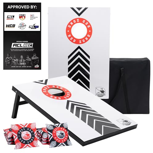 Set Cornhole Ufficiale 90 x 60 cm – Red Zone – 2 Tavole Cornhole – 2 x 4 Sacchetti Cornhole – Borsa per il Trasporto Inclusa – MDF – Qualità Premium (90x60 MDF – RED ZONE)