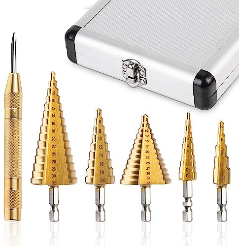 ERWEY Lot de 5 forets étagés en métal avec boîte à outils en aluminium HSS - Kit professionnel avec perforation automatique des grains 4-12 mm/3-13 mm/4-20 mm/4-32 mm/5-35 mm