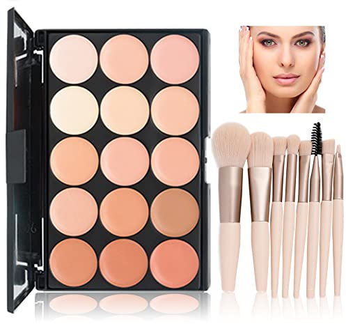 WishesMar Paleta de Corrector Maquillaje 15 Colores Camuflaje Concealer Crema con 9 Piezas Brocha de Maquillaje Adecuado para Uso Profesional y Diario #B