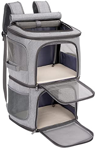 FASRIOU Katzenrucksack für 2 Katzen bis 12kg, Katzentransportbox für 2 Katzen, Große Haustier Rucksack für kleine Hunde, Katzentransporter mit Abnehmbarer Matte und atmungsaktivem Mesh, Grau