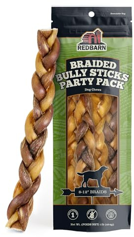 Redbarn Pet Products All Natural 8-12 Braided Bully Sticks for Medium & Large Dogs - Healthy Long Lasting Beef Chews Variety Party Pack - Single Ingredient Low Odor Rawhide Free - 1 lb Bag