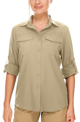 Camisas de safari para mujer, protección solar UV UPF 50+, manga larga, para exteriores, secado rápido, pesca, senderismo, jardinería, Caqui, M