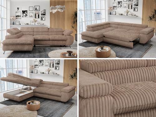 MKS MEBLE Ecksofa Wohnlandschaft L-Form mit Schlaffunktion und Bettkasten, Schlafsofa mit Bettkasten, Sofa mit Einstellbare Kopfstützen, Peter L - Cord - Links Braun