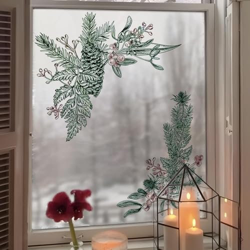 Neukids Pegatinas de Navidad para ventanas, ramas de pino, autoadhesivas, plantas de invierno, decoraciones de Navidad, calcomanías de ventana de Navidad, calcomanías grandes para ventanas de cristal,