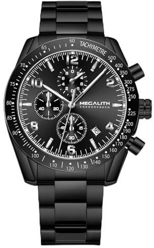 MEGALITH Orologio Uomo Grande Acciaio: Nero Militare Orologi da Polso - Cronografo Impermeabile Analogico