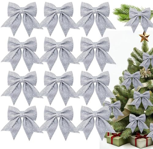 BGTLJKD 12 Stück Weihnachtsschleifen Glitzer Schleifen Weihnachtsbaum Bogen Dekoschleife für Geschenke Weihnachtsbaumschmuck für Zuhause Festival Party Baumkranz Dekorationen (Silber)